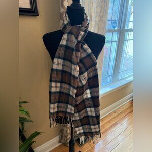 Barbour Lambswool Scarf 100% Wool Classic Tartan Plaid Brown/Green/Beige Fringed